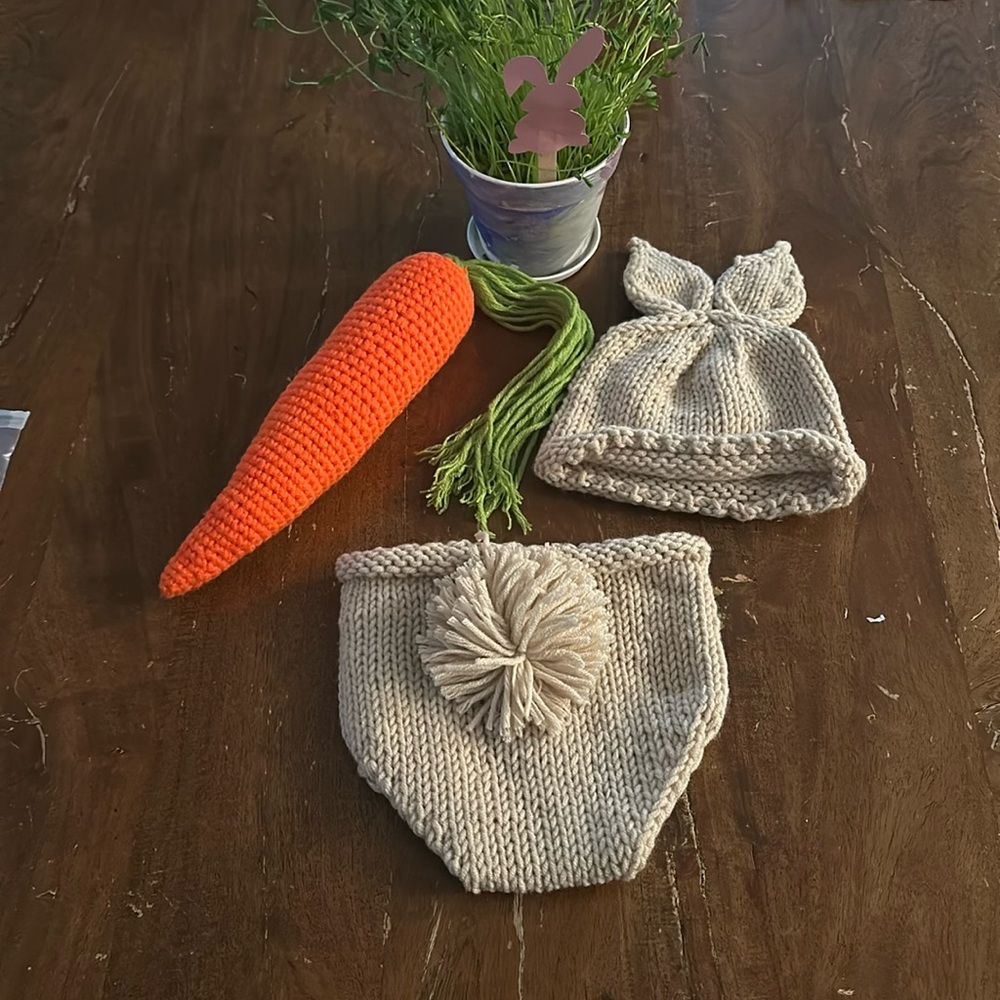 Bunny Crochet Knitted Costume Rabbit Beanie Hat Set Diaper Accessory